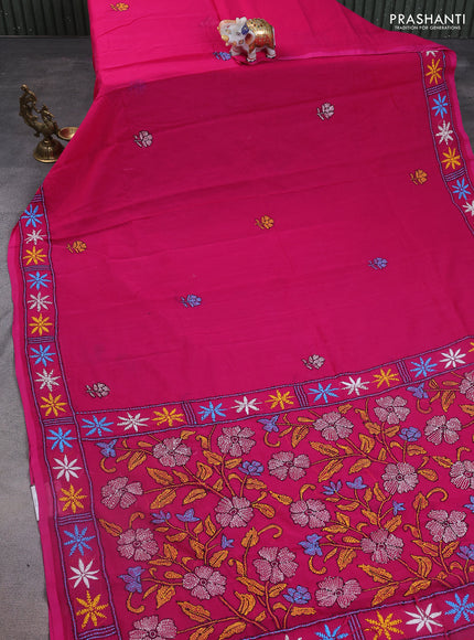 Cotton saree pink with kantha stitch work and kantha stitch work pallu