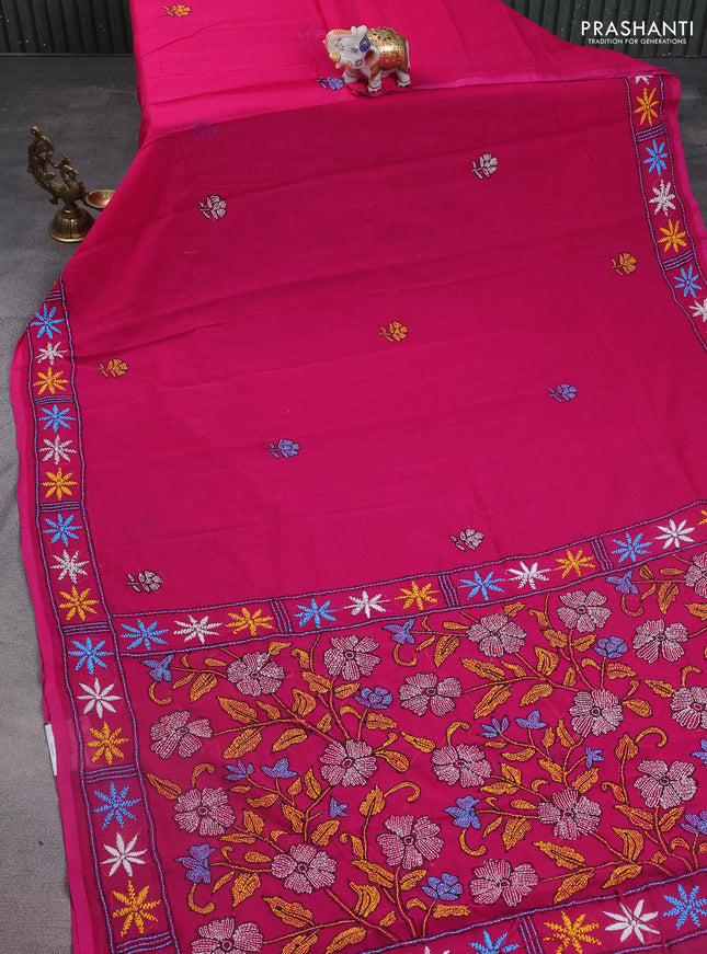 Cotton saree pink with kantha stitch work and kantha stitch work pallu