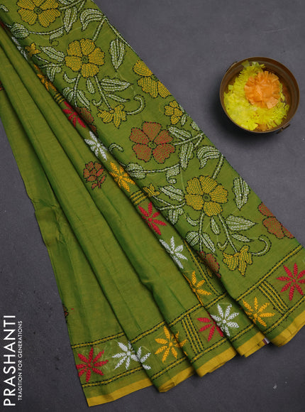 Cotton saree light green with kantha stitch work and kantha stitch work pallu