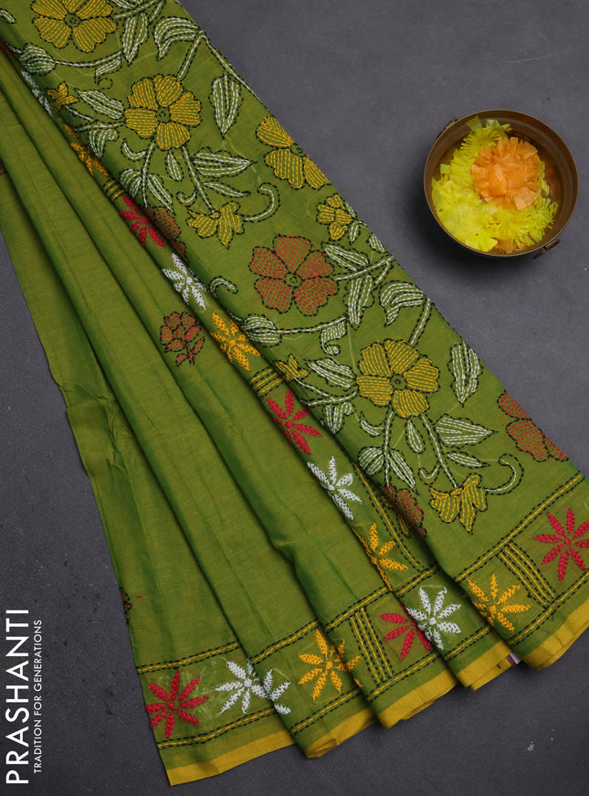 Cotton saree light green with kantha stitch work and kantha stitch work pallu
