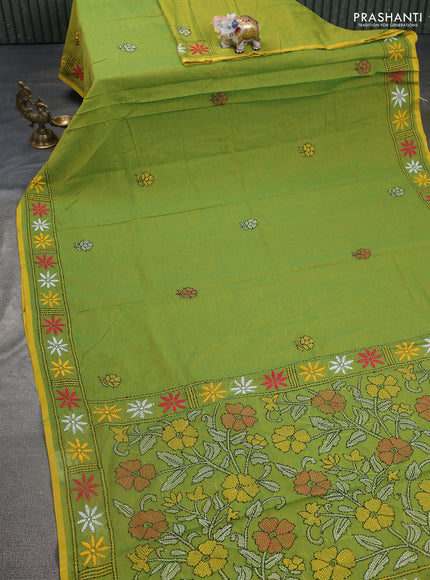 Cotton saree light green with kantha stitch work and kantha stitch work pallu