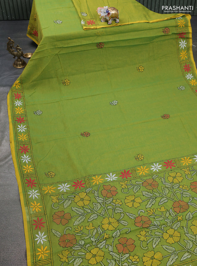 Cotton saree light green with kantha stitch work and kantha stitch work pallu