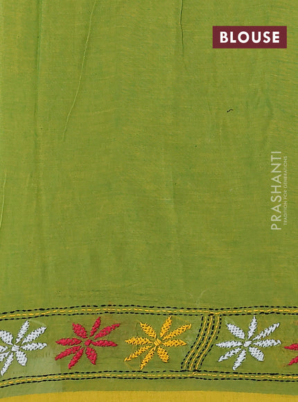 Cotton saree light green with kantha stitch work and kantha stitch work pallu