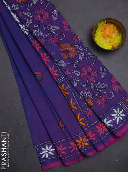 Cotton saree purple with kantha stitch work and kantha stitch work pallu