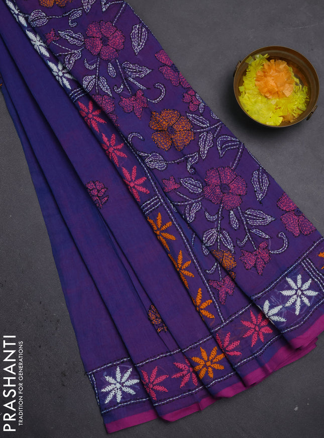 Cotton saree purple with kantha stitch work and kantha stitch work pallu