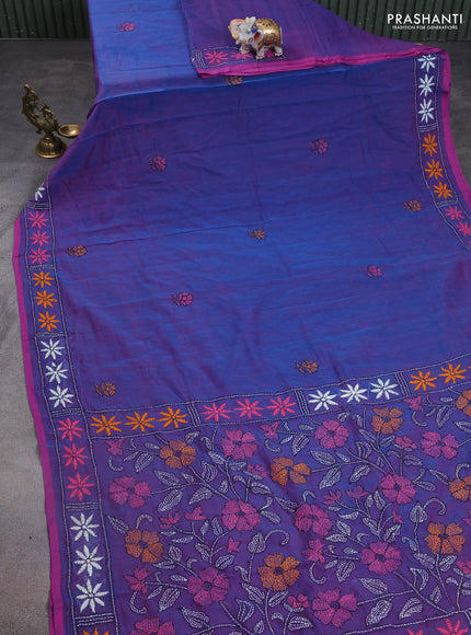 Cotton saree purple with kantha stitch work and kantha stitch work pallu