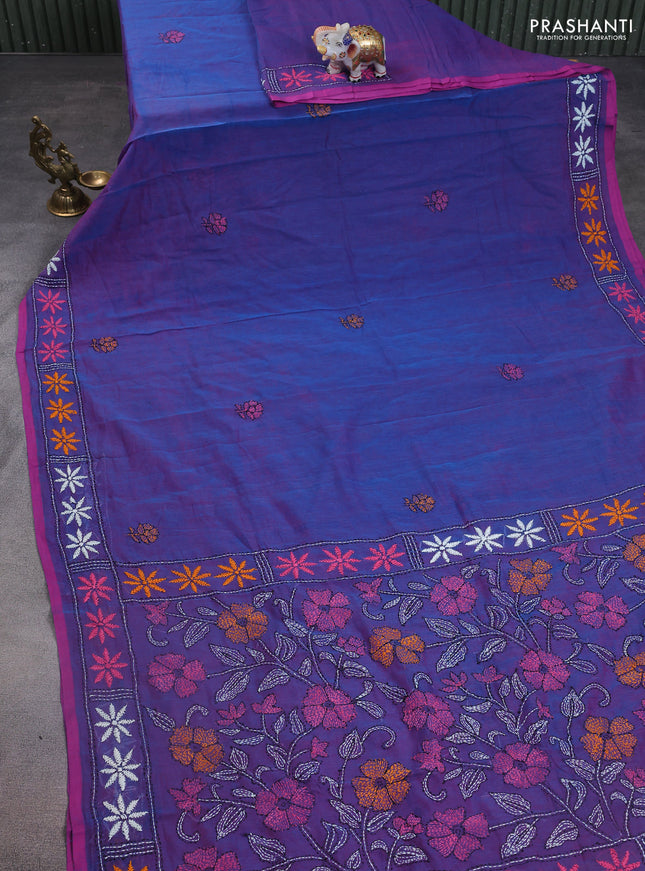 Cotton saree purple with kantha stitch work and kantha stitch work pallu