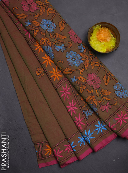 Cotton saree green with kantha stitch work and kantha stitch work pallu