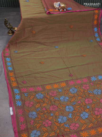 Cotton saree green with kantha stitch work and kantha stitch work pallu