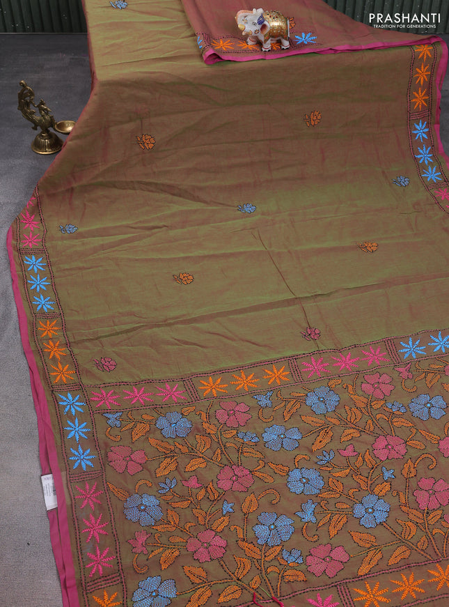 Cotton saree green with kantha stitch work and kantha stitch work pallu