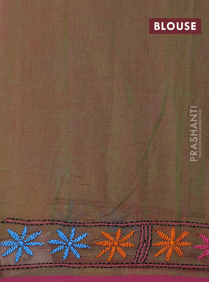 Cotton saree green with kantha stitch work and kantha stitch work pallu
