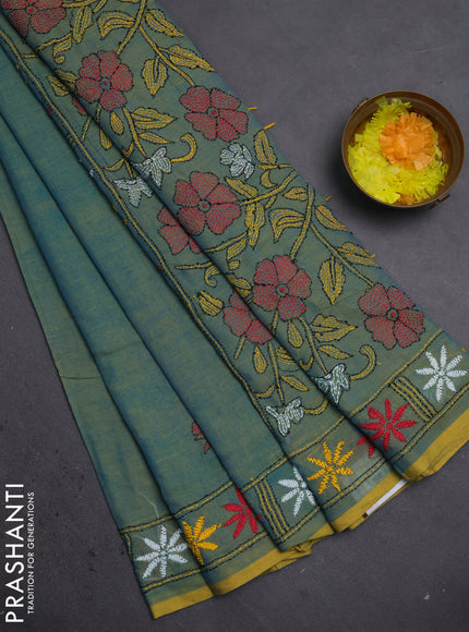 Cotton saree dual shade of bluish yellow with kantha stitch work and kantha stitch work pallu
