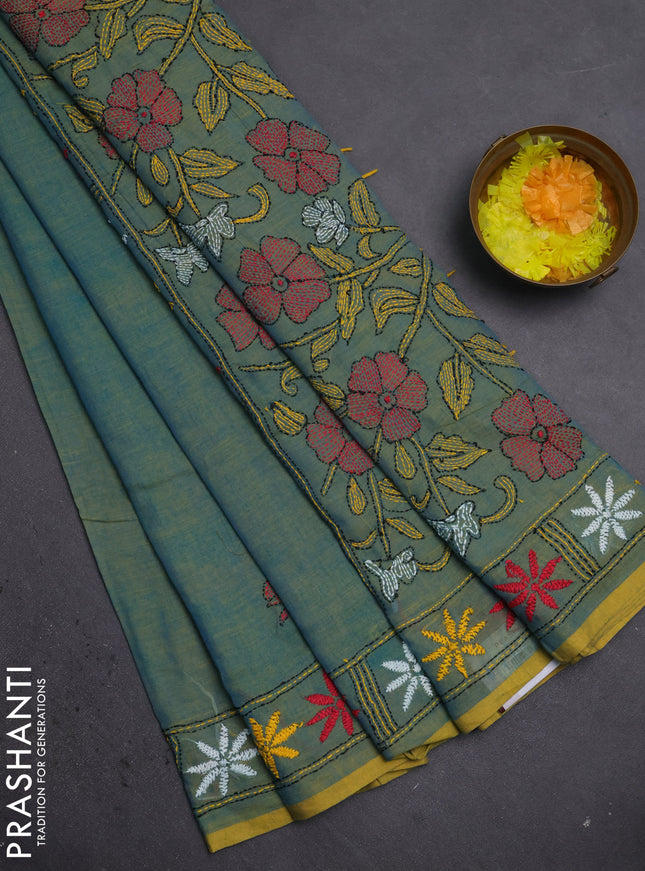Cotton saree dual shade of bluish yellow with kantha stitch work and kantha stitch work pallu
