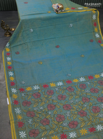 Cotton saree dual shade of bluish yellow with kantha stitch work and kantha stitch work pallu