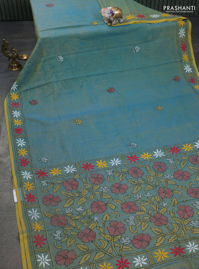 Cotton saree dual shade of bluish yellow with kantha stitch work and kantha stitch work pallu