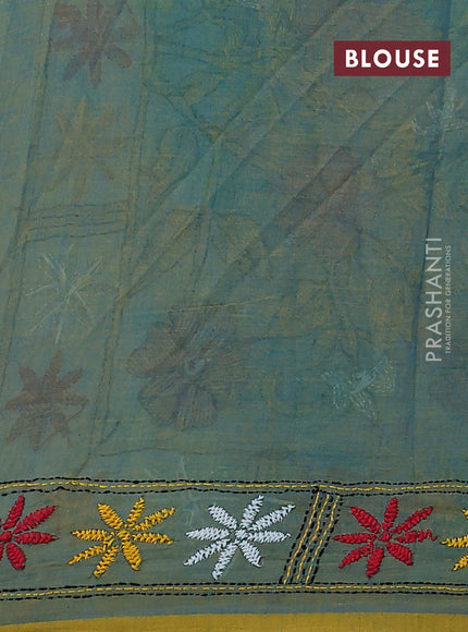 Cotton saree dual shade of bluish yellow with kantha stitch work and kantha stitch work pallu