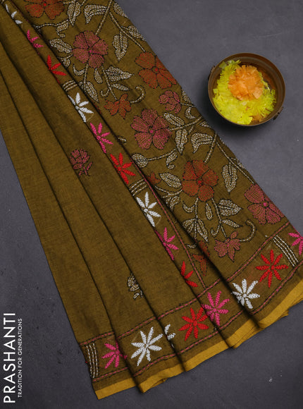 Cotton saree mehendi green with kantha stitch work and kantha stitch work pallu
