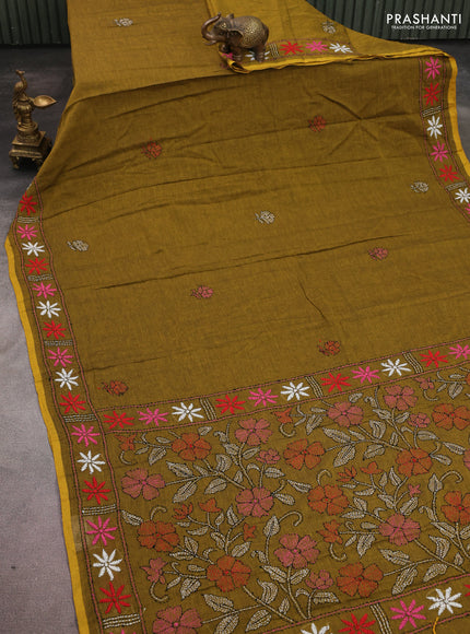 Cotton saree mehendi green with kantha stitch work and kantha stitch work pallu