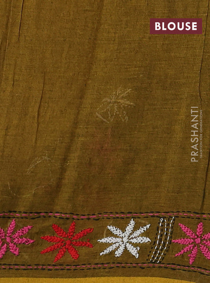 Cotton saree mehendi green with kantha stitch work and kantha stitch work pallu