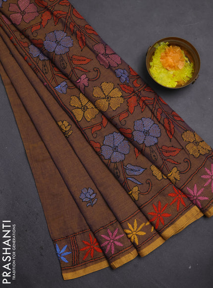 Cotton saree dual shade of violet with kantha stitch work and kantha stitch work pallu