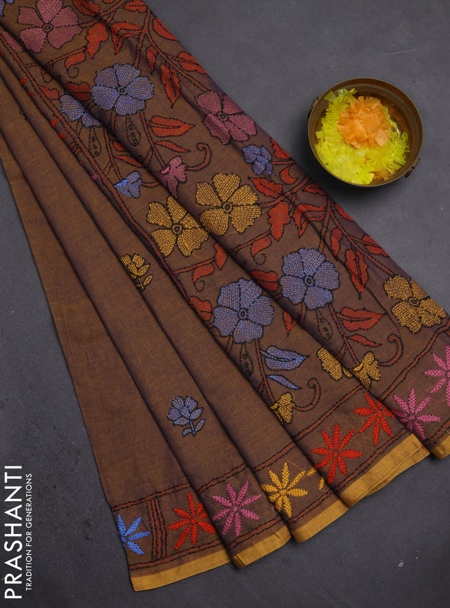 Cotton saree dual shade of violet with kantha stitch work and kantha stitch work pallu