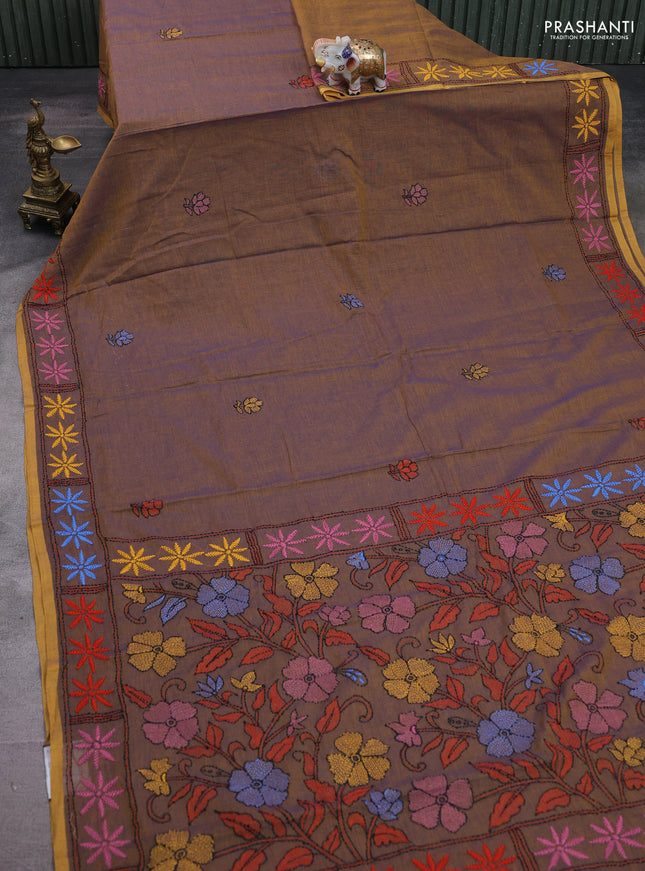 Cotton saree dual shade of violet with kantha stitch work and kantha stitch work pallu