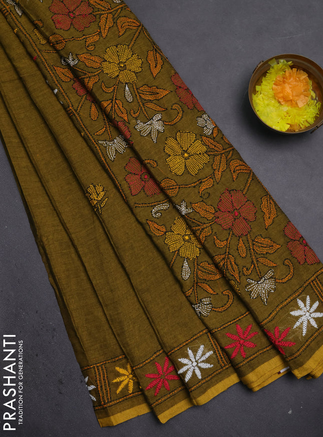 Cotton saree mahandhi green with kantha stitch work and kantha stitch work pallu