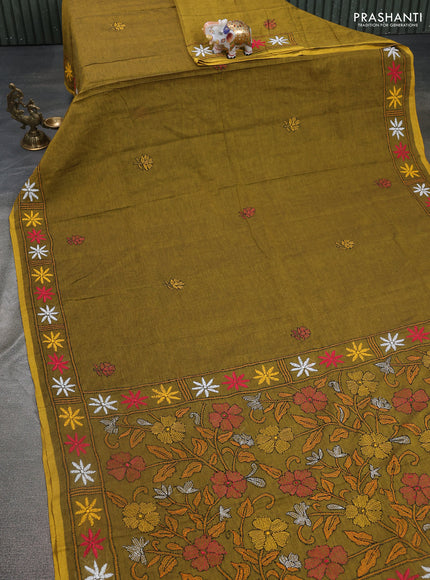 Cotton saree mahandhi green with kantha stitch work and kantha stitch work pallu