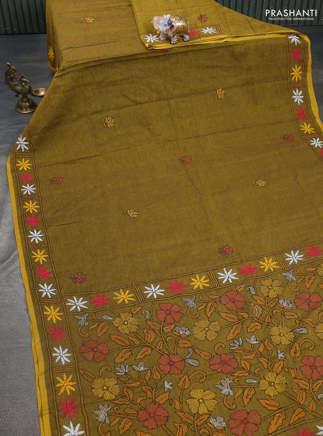 Cotton saree mahandhi green with kantha stitch work and kantha stitch work pallu