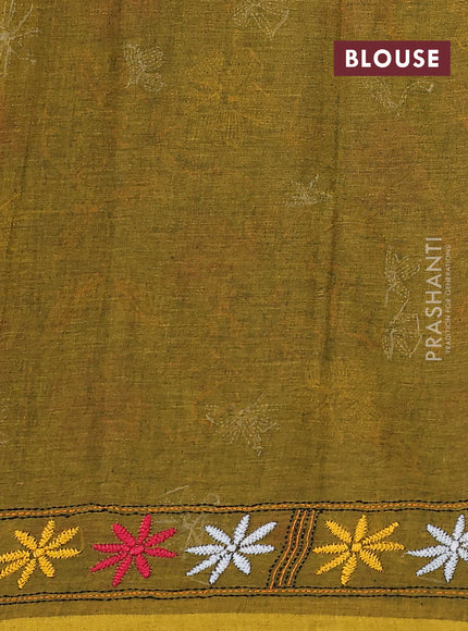 Cotton saree mahandhi green with kantha stitch work and kantha stitch work pallu
