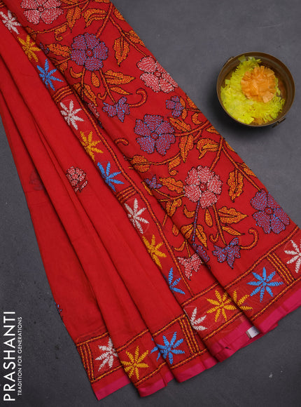 Cotton saree dual shade of pinkish orange with kantha stitch work and kantha stitch work pallu