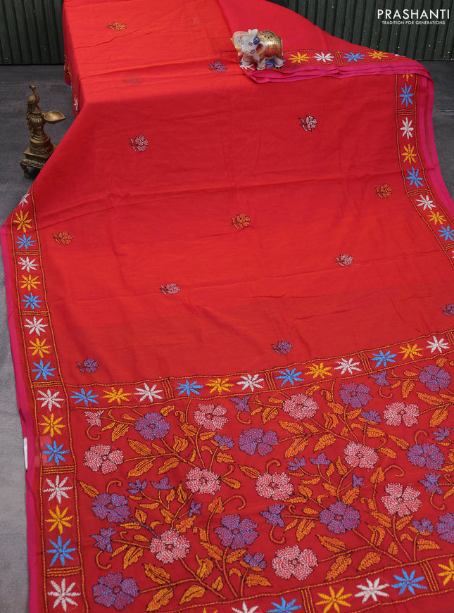 Cotton saree dual shade of pinkish orange with kantha stitch work and kantha stitch work pallu