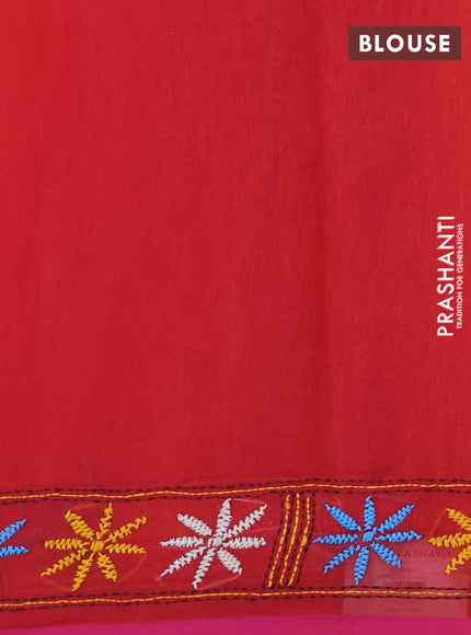 Cotton saree dual shade of pinkish orange with kantha stitch work and kantha stitch work pallu