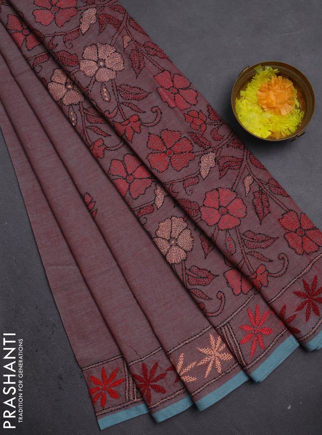 Cotton saree dual shade of maroon with kantha stitch work and kantha stitch work pallu