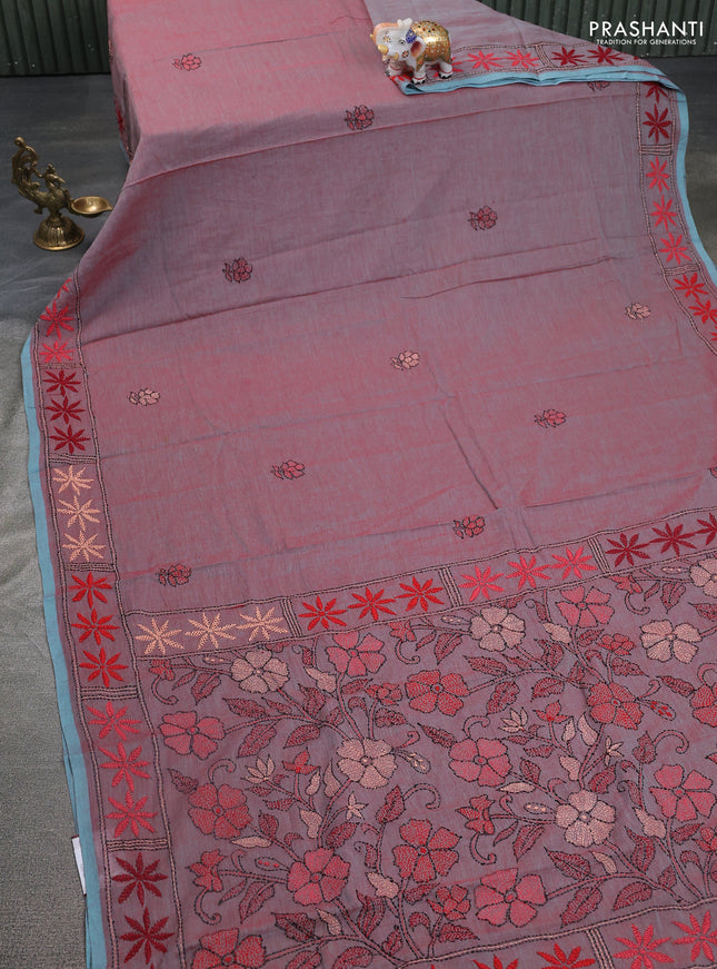 Cotton saree dual shade of maroon with kantha stitch work and kantha stitch work pallu