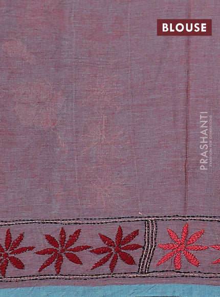 Cotton saree dual shade of maroon with kantha stitch work and kantha stitch work pallu
