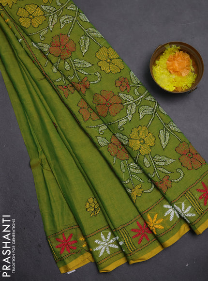 Cotton saree light green with kantha stitch work and kantha stitch work pallu