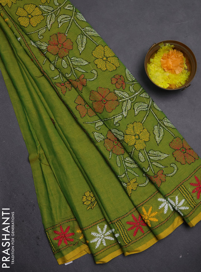 Cotton saree light green with kantha stitch work and kantha stitch work pallu