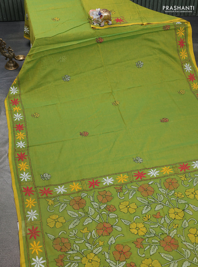 Cotton saree light green with kantha stitch work and kantha stitch work pallu