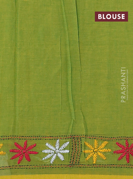 Cotton saree light green with kantha stitch work and kantha stitch work pallu