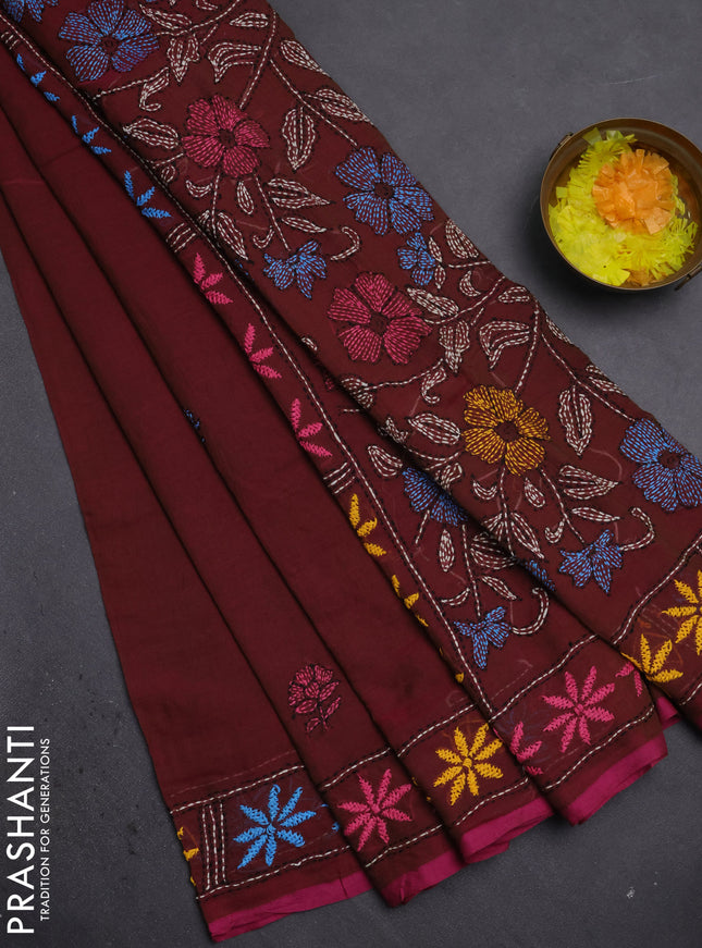 Cotton saree maroon with kantha stitch work and kantha stitch work pallu