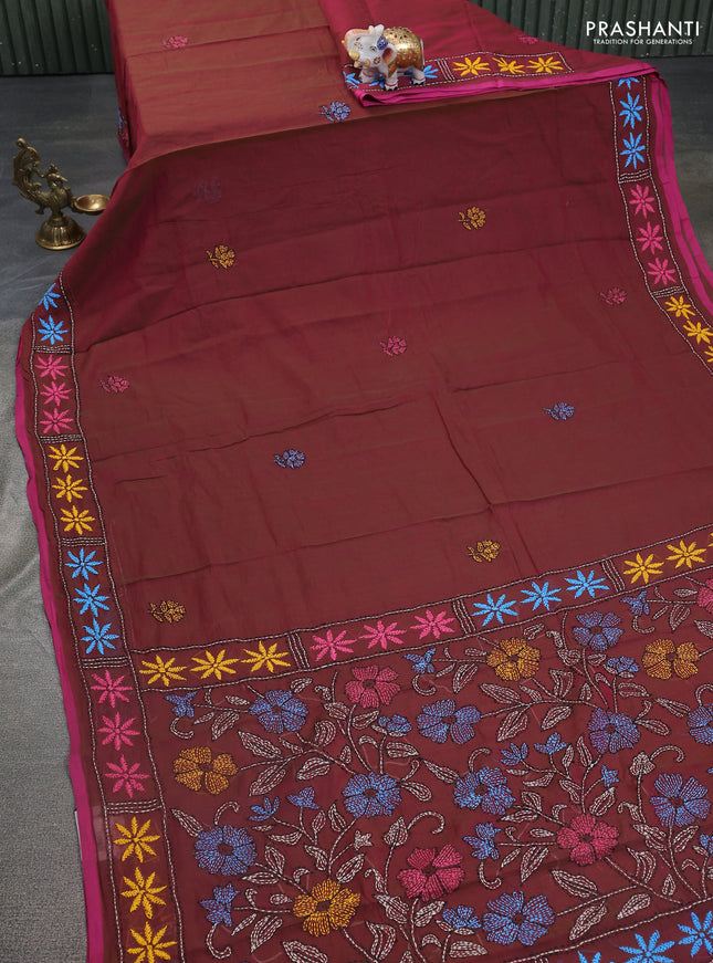 Cotton saree maroon with kantha stitch work and kantha stitch work pallu
