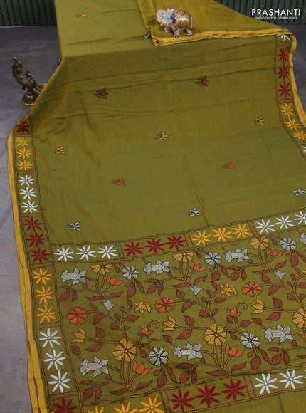 Cotton saree green and mustard yellow with kantha stitch work and kantha stitch work pallu
