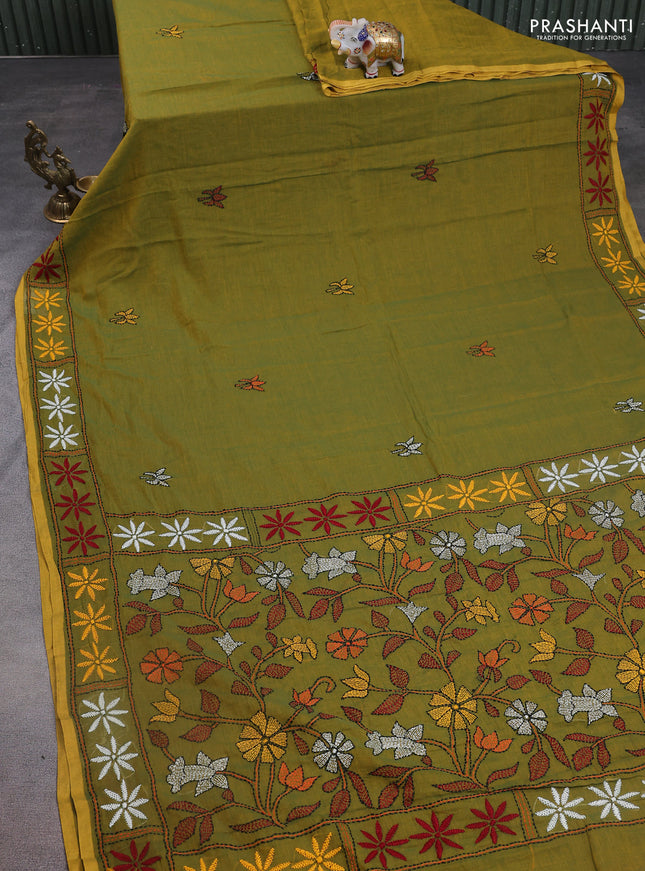 Cotton saree green and mustard yellow with kantha stitch work and kantha stitch work pallu