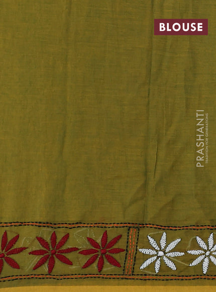 Cotton saree green and mustard yellow with kantha stitch work and kantha stitch work pallu
