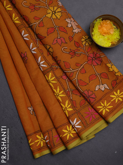 Cotton saree dark mustard with kantha stitch work and kantha stitch work pallu