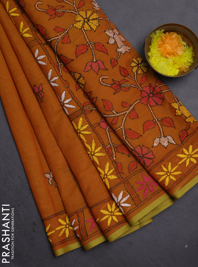 Cotton saree dark mustard with kantha stitch work and kantha stitch work pallu