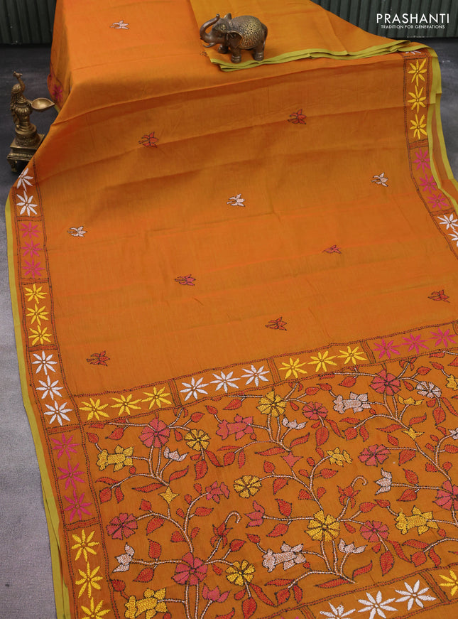 Cotton saree dark mustard with kantha stitch work and kantha stitch work pallu