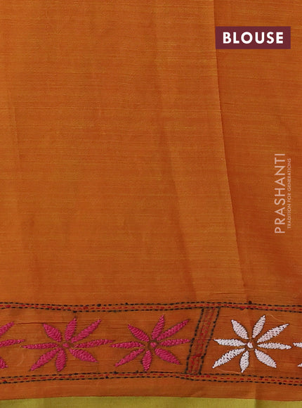 Cotton saree dark mustard with kantha stitch work and kantha stitch work pallu