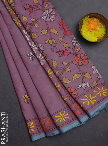 Cotton saree pink and teal green with kantha stitch work and kantha stitch work pallu